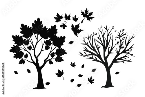 Autumn's Whispers: A monochrome silhouette captures the essence of autumn as leaves dance from a tree, symbolizing change and transition.
