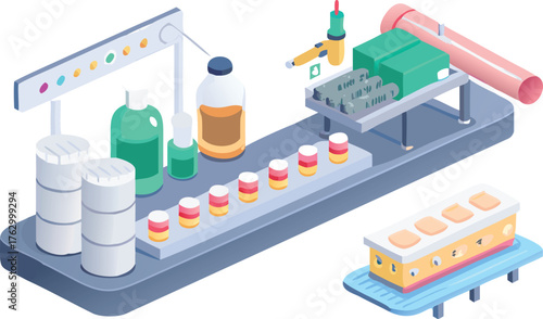 Isometric illustration of a pharmaceutical production line with bottles, containers, and a conveyor. Features include a robotic arm and pills, conveying efficiency.