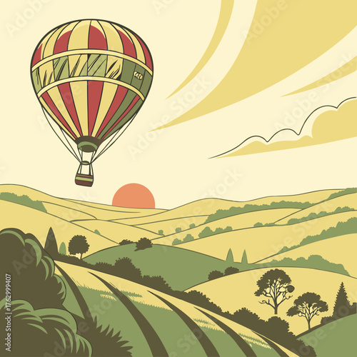 Vintage Hot Air Balloon Over Rolling Hills at Sunset