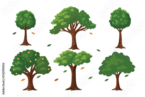Set of Diverse Trees Illustration: An illustrative collection of six diverse trees with lush green foliage and sturdy brown trunks, Each tree showcasing its unique shape and leaf pattern.