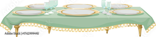 Elegant table setting with gold-trimmed plates and glasses atop a green tablecloth with lace edges, creating a formal dining ambiance.