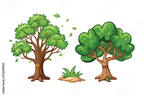 Ethereal Trees of Green: Two vibrant cartoon trees, adorned with lush green foliage, stand amidst a bed of earth. the picture is the symbol of life, and environment. 