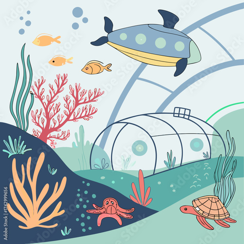 Whimsical Underwater Scene with Cartoon Fish Turtle and Submarine