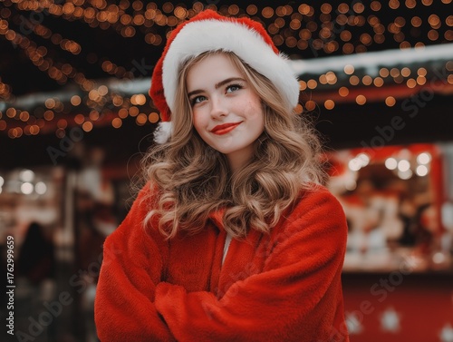 Cheerful Young Woman in Santa Hat and Red Coat Smiling Amidst Festive Christmas Lights at Outdoor Winter Market
