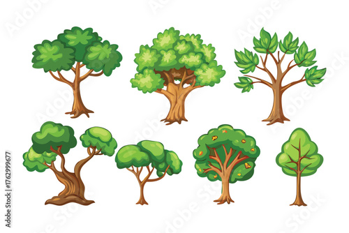 Diverse Tree Collection: An assortment of cartoon trees showcasing different shapes and foliage, illustrating the beauty of nature's varied forms.