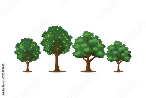 Orchard Oasis: A tranquil scene of four lush, verdant trees standing tall, representing the harmony and beauty of the natural world, in this serene orchard.