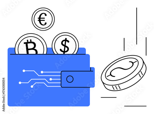 Digital wallet containing euro, bitcoin, dollar coins with falling coin emphasizing currency exchange, e-commerce, blockchain, fintech, online payment, modern banking, and decentralized finance
