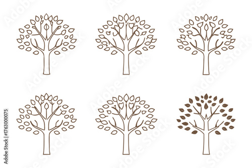 Tree variations illustration: A set of six unique tree illustrations, each showcasing a different design, perfect for adding a touch of nature and artistic flair to any project. 