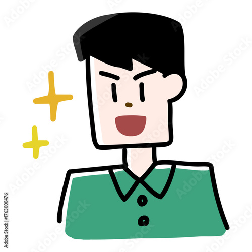 明るく嬉しそうな表情を浮かべた手描きの男性イラスト