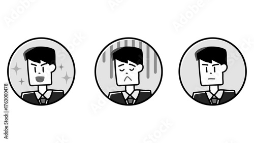 困り顔から笑顔まで幅広い表情を見せるスーツ男性の手描き丸アイコンイラストセット　会社員の感情バリエーション素材