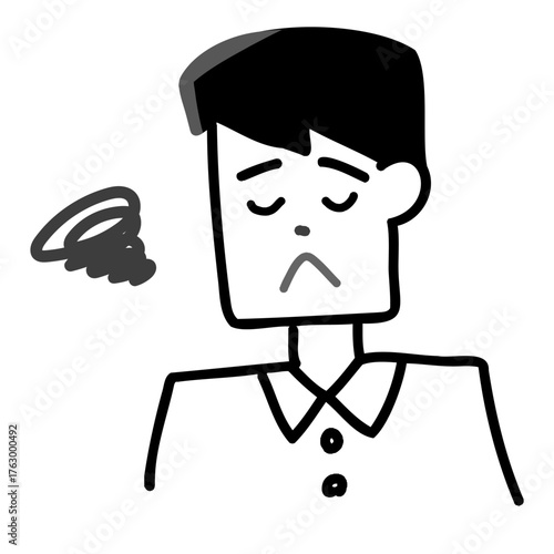 悩みや不安を抱えた若い男性の手描きイラスト　困惑した表情を丁寧に描いた素材