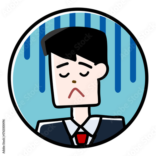 悩み顔のビジネスマンを描いたスーツ姿の男性丸アイコンイラスト　困った表情で考え込む会社員のイメージ素材