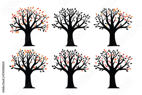 Silhouette Trees: A graphic composition featuring six stylized silhouette trees with variations in their leaf presentation, each tree a unique representation of natural growth and form.