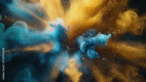 Cinematic explosion of blue and gold ink clouds blending in air, slow motion abstract dust particles burst with dramatic color contrast and artistic motion