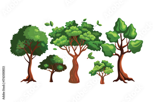 Vibrant Tree Collection: An illustration showcasing a variety of flourishing trees, each adorned with lush green foliage, presenting a collection of arboreal beauty.