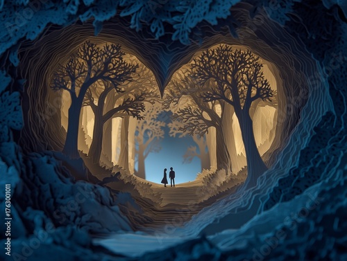 Romantic Love Story in a Mystical Forest: Couple's Silhouette Amid Enchanting Nature and Heart-Shaped Trees