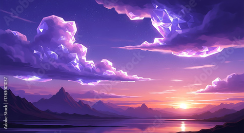 Vibrant Sunset Over Serene Lake with Majestic Mountains.