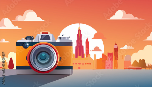 Urban Photography and City Travel Concept with Retro Camera at Sunset Skyline - Generated by AI
