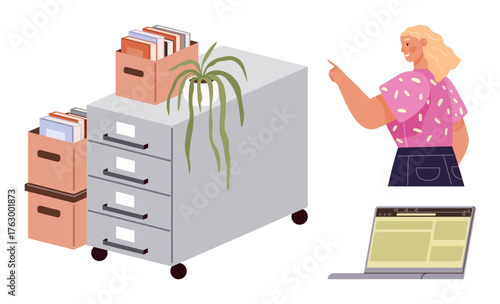 Woman gesturing near a filing cabinet with stacked file boxes and a plant. Laptop on side emphasizes digital productivity. Ideal for organization, office work, management, productivity, planning
