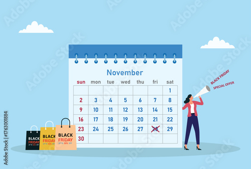 Vector illustration of a woman announcing Black Friday special offers beside a November calendar marking the big sale day, symbolizing excitement, discounts, and holiday shopping season
