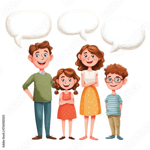 Happy cartoon family of four with speech bubbles above their heads isolated on transparent background