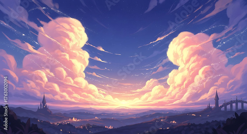 Vibrant Sunset Sky with Dramatic Clouds Over a Distant Cityscape.