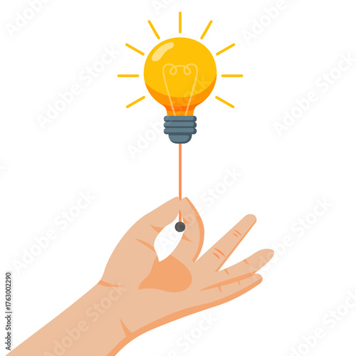 Flat Vector Illustration Hand Turning On Light Bulb