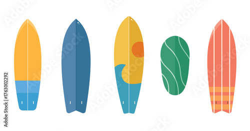 Different size, shape and colours boards for surfing, summer element
