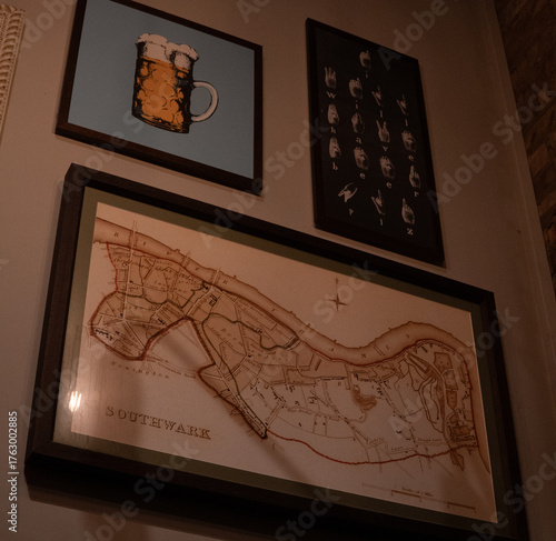 Canvas Print Wall with pictures of southwark london map, sign language alphabet and a beer