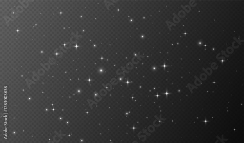 White sparkling stars, shiny particles light effect, transparent flying stardust texture, abstract twinkle Christmas decoration. Vector illustration.