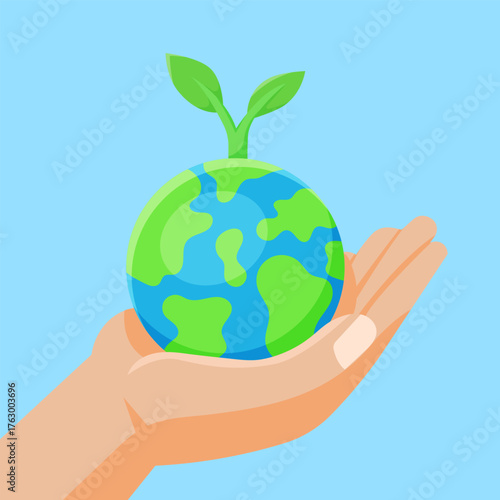 Flat vector illustration Hand Holding Earth with Green Plant Sprout. Save the Planet Illustration