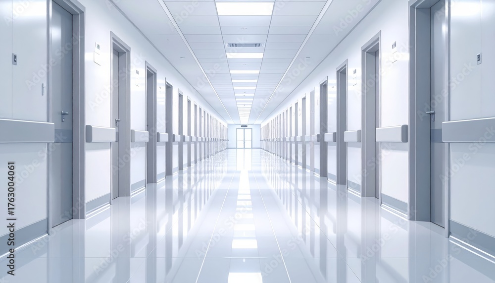 Fototapeta premium Clean and empty modern office corridor with glass wall and light streaming down the hallway