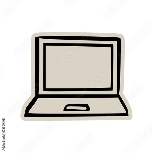 Laptop computer portable electronic device scrapbook doodle sticker icon: hand drawn illustration of online work, digital technology, and minimal business design