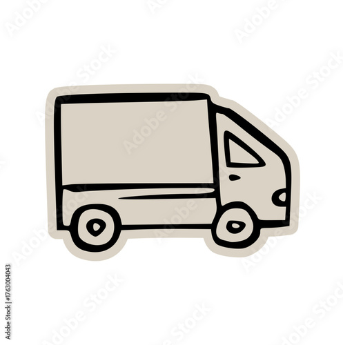Delivery van truck transport vehicle scrapbook doodle sticker icon: hand drawn illustration of logistics shipping, express service, and minimal commerce design
