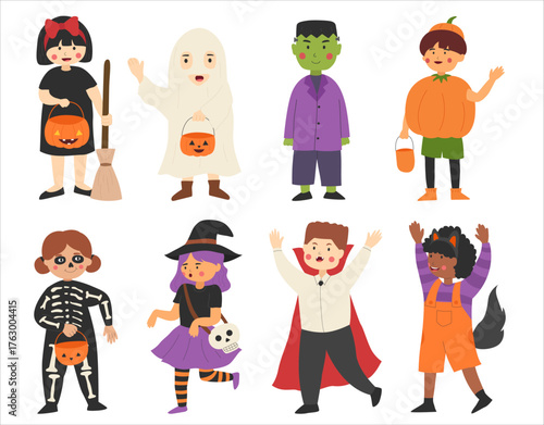 Collection of kids wearing various halloween costume illustration
