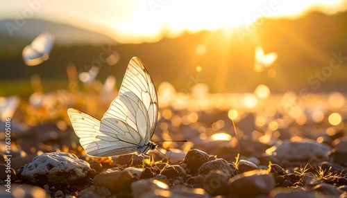 Fototapeta Naklejka Na Ścianę i Meble -  Butterflies in golden sunlight near sunset, close-up on rocky ground