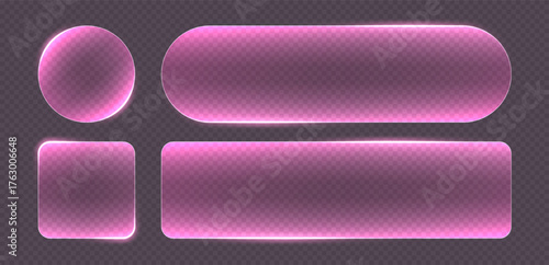 Transparent glass buttons, pink clear banners. Glowing futuristic interface templates for web design. Vector illustration.