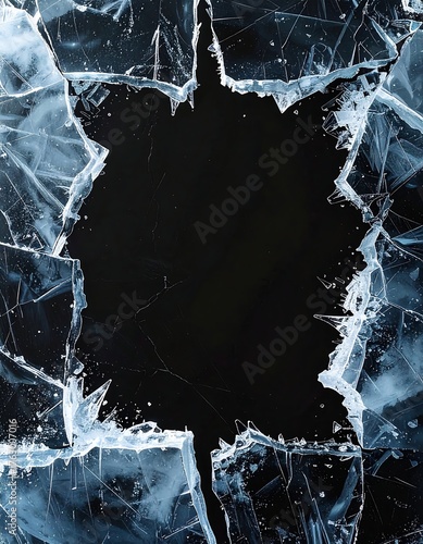Shattered icy panes frame a dark void against a black background