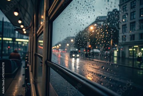 Rainy Bus Window with City Lights  Cinematic Travel Mood Photography