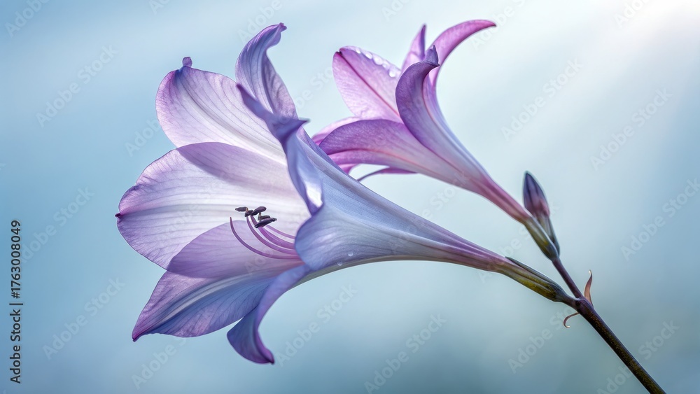 Naklejka premium Delicate purple gladiolus flowers in soft light with blue background