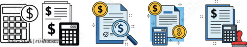 Accounting icon set, financial document illustration, calculator and coin symbols, audit vector graphic, money analysis design, black and white