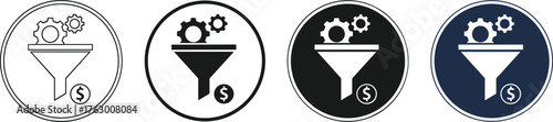 Business funnel icon set, financial conversion symbol, gear and dollar process, vector illustration, economic flow graphic, black and color design