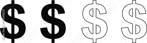 Dollar sign progression icon, financial symbol transition, currency design variation, black and white vector illustration, money graphic template