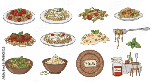 A hand-drawn collection of various Italian pasta dishes, ingredients, and a romantic dinner setting.
