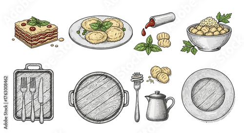 A collection of hand-drawn illustrations featuring classic Italian pasta dishes and various kitchen utensils.