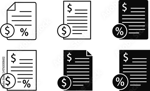 Financial document icon set, dollar and percentage symbol vector, interest rate graphic, pricing illustration, black and white design template