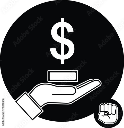 Financial exchange icon, dollar sign with open hand, business support symbol, money offering graphic, black and white vector illustration