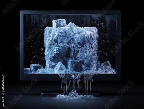 Frozen Screen: Surreal Digital Art Installation with Melting Ice Cubes and Icy Sculpture in Modern Technology Concept Art Display