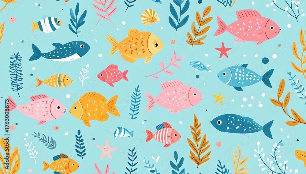 Colorful cartoon ocean scene with vibrant fish and aquatic plants