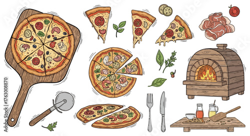Vibrant hand-drawn collection showcasing various pizzas, individual slices, fresh ingredients, and essential cooking equipment.